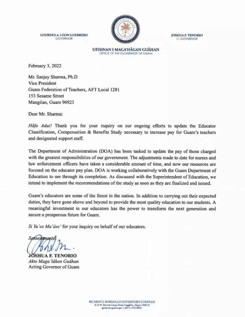 Teacher Pay Raise Letter from Lt Governor Joshua Tenorio